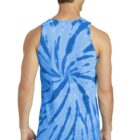 Man wearing a blue tie-dye tank top, viewed from the back.