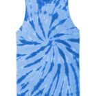 Blue and white tie-dye tank top with a spiral pattern.