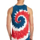 Person in red, white, and blue spiral tie-dye tank top, seen from the back.