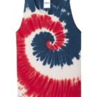 Red and blue spiral tie-dye tank top on a white background.