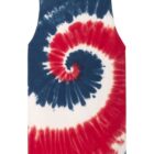Tie-dye tank top with red, white, and blue spiral pattern.