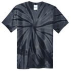 Black tie-dye T-shirt with a concentric spiral pattern.