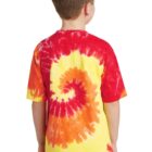 Child wearing a red, orange, and yellow tie-dye t-shirt, back view.