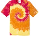 Tie-dye T-shirt with red, orange, and yellow spiral pattern.