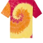 Back of a tie-dye T-shirt with red, orange, and yellow spiral pattern.