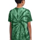 Boy in a green tie-dye shirt stands with his back facing the camera.