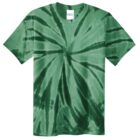 Green tie-dye t-shirt with a spiral pattern.