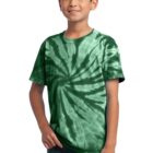 Boy in green tie-dye shirt and jeans, smiling at the camera.