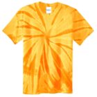 Orange tie-dye T-shirt with a spiral pattern.