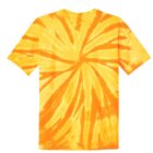 Yellow and orange tie-dye T-shirt with a spiral pattern.