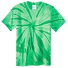 Green tie-dye T-shirt with a spiral design.
