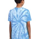 Person wearing a blue tie-dye shirt, facing away.