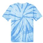 Blue and white tie-dye t-shirt with a spiral pattern.