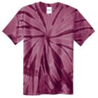 Maroon tie-dye T-shirt with a spiral pattern.