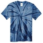 Blue tie-dye t-shirt with a spiral pattern.