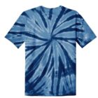 Blue and white tie-dye T-shirt with a spiral pattern.