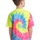 Child wearing a vibrant tie-dye t-shirt with pink, yellow, and blue spiral pattern.