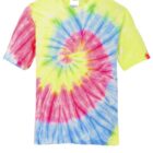Tie-dye T-shirt with a spiral pattern in yellow, pink, and blue.