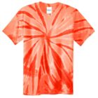 Orange tie-dye T-shirt with a spiral pattern.