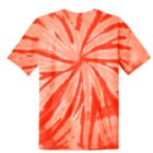 Red and white tie-dye t-shirt with spiral pattern.