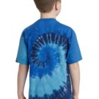 Boy in blue tie-dye shirt facing away, hands at sides, short brown hair.