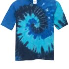 Blue spiral tie-dye T-shirt on a white background.
