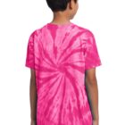 Rear view of a person wearing a pink tie-dye shirt and jeans.