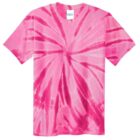Pink tie-dye T-shirt with a spiral pattern.