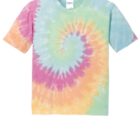 Tie-dye T-shirt with a colorful spiral pattern in pink, blue, green, orange, and yellow.