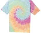 Tie-dye T-shirt with colorful spiral pattern on a white background.
