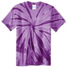 Purple tie-dye T-shirt with a spiral pattern on a white background.