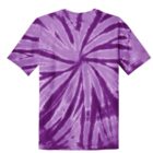 Purple tie-dye T-shirt with spiral design on a plain background.