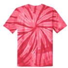 Red tie-dye T-shirt with a spiral pattern on a white background.