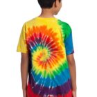 Child wearing a colorful tie-dye shirt with a spiral pattern, facing away.
