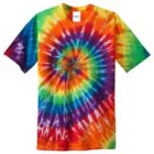 Colorful tie-dye T-shirt with a spiral pattern in rainbow hues.