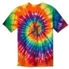 Colorful tie-dye t-shirt with a vibrant spiral pattern.