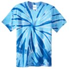 Blue and white tie-dye T-shirt with a spiral pattern.