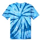 Blue tie-dye T-shirt with spiral pattern.