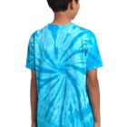 Back view of a person in a blue tie-dye T-shirt and jeans.