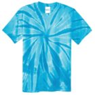 Blue tie-dye T-shirt with a spiral pattern centered on the front.