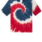 Tie-dye T-shirt with red, white, and blue spiral pattern on a plain background.