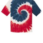 Red, white, and blue tie-dye T-shirt with a spiral pattern.
