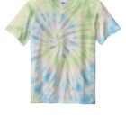 Tie-dye t-shirt with a swirl pattern in green, blue, and pink.