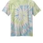 Tie-dye T-shirt with spiral pattern in green, blue, and purple on a white background.