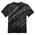 Back view of a black tie-dye T-shirt with diagonal patterns.