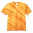 Orange and yellow tie-dye T-shirt with a short sleeve design and a round neckline.