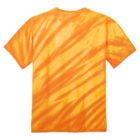 Orange and yellow tie-dye t-shirt with diagonal stripe pattern, shown from the back.