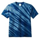 Blue tie-dye T-shirt with diagonal patterns.