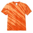 Orange tie-dye t-shirt with diagonal stripe pattern on a white background.