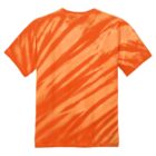 Orange tie-dye T-shirt with diagonal stripes, viewed from the back.